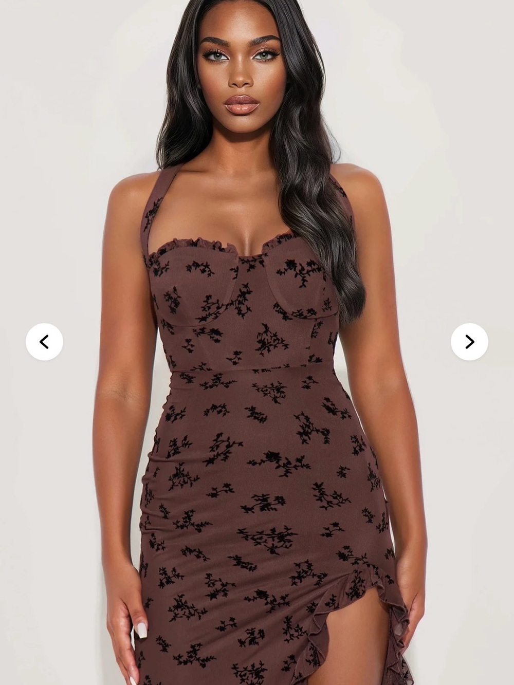 Fashion Nova Brown Floral Ruffle Salsa Dancing Midi Slit Dress M
